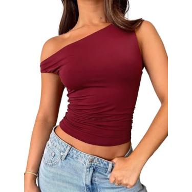 Imagem de CALEBGAR Tops de ombro de fora para mulheres, sem mangas, assimétricas, para sair, camisas slim fit franzidas regatas cropped Y2K na moda, Vermelho, GG