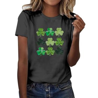 Imagem de Camisetas femininas do Dia de São Patrício com estampa da bandeira americana túnica verde tops de gola redonda 2024, Cinza, 3G