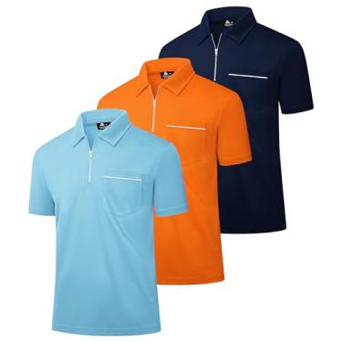 Imagem de JACKETOWN Pacote com 3 camisetas polo masculinas de golfe de manga curta com zíper e gola casual com bolso, 03939-céu azul-laranja-marinho, M