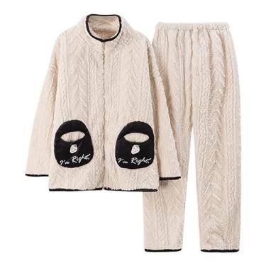 Imagem de LUBOSE Pijama longo feminino, conjunto de pijama grosso de flanela, pijama de duas peças, conjunto de pijama casual de manga comprida (2GG, branco)