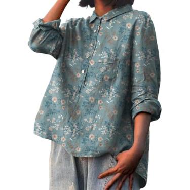 Imagem de Camiseta feminina de linho, estampa de flores, gola de lapela, manga comprida, blusas soltas, roupas casuais elegantes, Verde, 4G