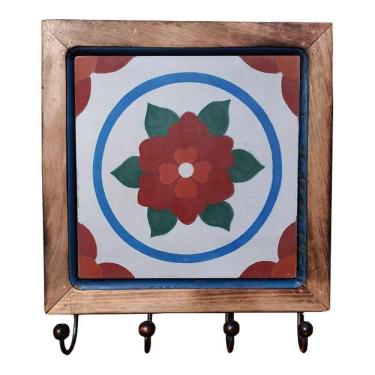 Imagem de Cabideiro Em Madeira Com Ladrilho Hidráulico Porta Chaves Roupas Bolsas Ladrilho F1