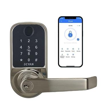 Imagem de Fechadura de porta inteligente, Scyan X1, fechadura biométrica 5 em 1, fechadura de porta com teclado de tela sensível ao toque, chaveiro, bloqueio automático, para escritório, casa, Airbnb, aluguel de casa (níquel escovado)