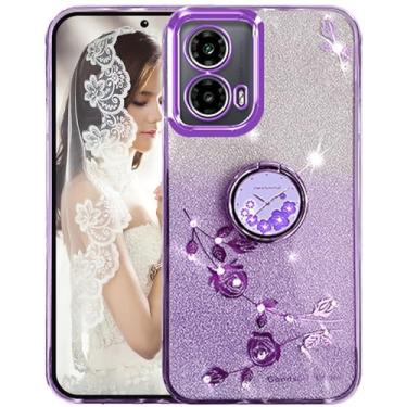 Imagem de Ephoou Capa fina para Motorola Edge 50 Fusion, brilhante, brilhante, flores de diamante, design floral, capa de silicone macio com suporte de anel para Motorola Edge 50 Fusion HSF-roxo