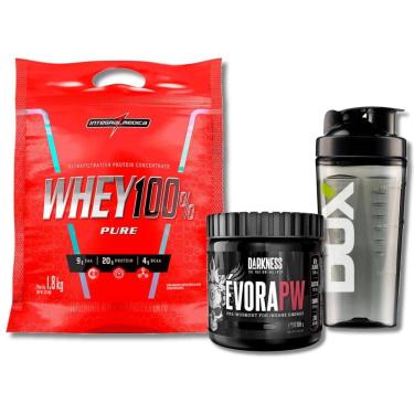Imagem de Kit Whey 100% Chocolate 1,8kg + Pre Treino Évora Frutas Amarelas + Coq Dux - Integralmedica-Unissex