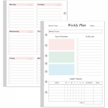 Imagem de Refil semanal sem data – 52 folhas/104 páginas, agenda semanal colorida para fichário A5, perfurado com 7 furos, papel branco de 100 g/m², 14,7 x 21 cm