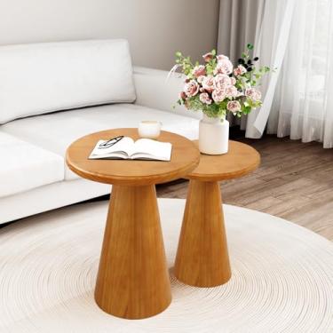 Imagem de LAPTAIN Mesa lateral de madeira, mesa de bebida rústica, mesa de centro redonda para sala de estar, quarto, varanda, conjunto de 2