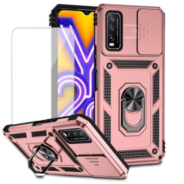 Imagem de Yodueiv Capa para Vivo Y20, capa V2029 com protetor de tela de vidro temperado e capa de câmera deslizante, anel magnético para suporte de carro, capa protetora para Vivo Y20 ouro rosa
