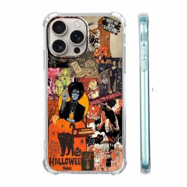 Imagem de Nsyosio Capa de abóbora de Halloween para iPhone 16 Pro Max, capa de colagem de bruxa de caveira elementos de terror, capa moderna e macia de TPU Buper compatível com iPhone 16 Pro Max