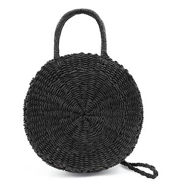 Imagem de Bolsa feminina de palha para praia de verão, feita à mão, redonda, de vime, bolsa transversal de ombro, Preto, Approximate Diameter: 30 cm (4")