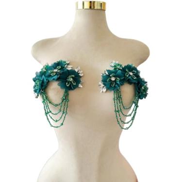 Imagem de Akiko.CC Aplique de strass de flor tridimensional 3D costura contas brilhantes apliques de franjas de cristal para vestidos de noiva artesanato DIY 2 peças/conjunto 14 x 16,2 polegadas (verde escuro)