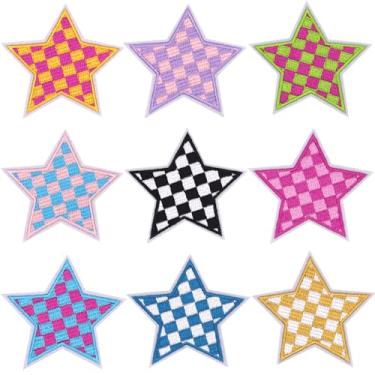 Imagem de LNESEAU 9 peças de remendos de ferro em estrelas de cinco pontas para roupas, remendos bordados xadrez para dia de corrida, multicolorido, costurar em bolsas, chapéus, jeans, artesanato, acessórios