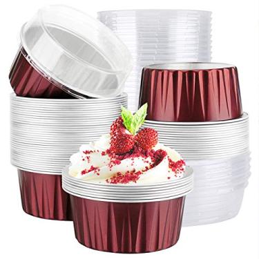 Imagem de EUSOAR Copos de alumínio para assar, 142 g, 50 peças, copos de cupcake com tampas, 8,5 x 6,6 x 6 cm 125 ml de ramequins de torta, pudim de sobremesa, copos de creme brulee, copos de creme,