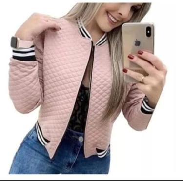Imagem de Jaqueta Bomber com Zíper Gola Punho Listrada  Casaco - M k shop, Rosa,