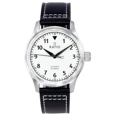 Imagem de RATIO Relógio estilo piloto, pulseira de couro, mostrador analógico, cristal de safira, automático, 200 m, resistente à água, casual, formal, relógio masculino, Branco, Piloto