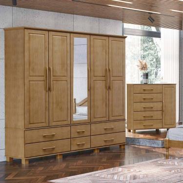 Imagem de Conjunto Quarto: Guarda-Roupa 5 Portas, Cômoda Sapateira 5 Gavetas Ouro Freijó Madeira...