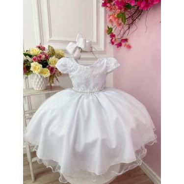 Imagem de Vestido Infantil Branco Com Cinto de Pérolas Strass Festas - d luxe, 0