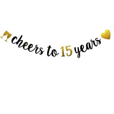 Imagem de Faixa Cheers to 15 Years, pré-amarrada, guirlandas de papel glitter preto e dourado para artigos de decoração de festa de aniversário de 15 anos/casamento, letras pretas e douradas, ABCpartyland