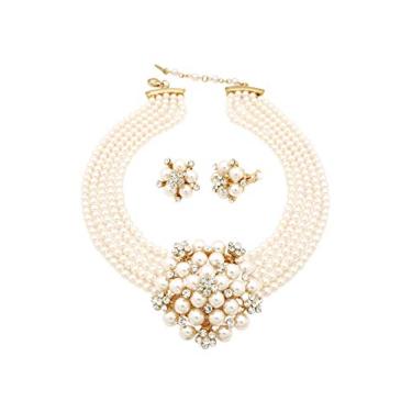 Imagem de Fashion 21 5 fileiras de strass acentuado simulado floral pérola agrupada colar, clipe no brinco conjunto 2, Strass