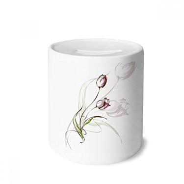 Imagem de DIYthinker Caixa de moedas de cerâmica pintada à mão Tulipa rosa Flor Planta Dinheiro Cofrinho Presente