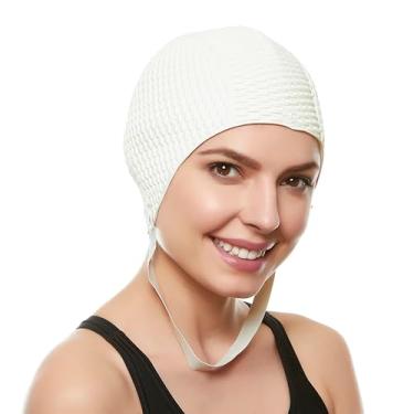 Imagem de Touca de natação de látex – Touca de natação feminina elegante ótima para mulheres, perfeita para manter o cabelo seco – Adequado para cabelos longos – crepe bolha com alça de queixo – Branco