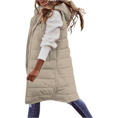 Imagem de Colete longo feminino sem mangas leve puffer jacet pacable casaco com capuz acolchoado com capuz inverno, bege, 3XL