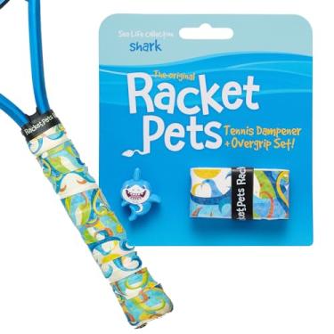 Imagem de Racket Pets Amortecedor de raquete de tênis infantil e fita overgrip combinando, amortecedor de absorção de choque para raquete de tênis e fita adesiva divertida com estampa animal (tubarão)