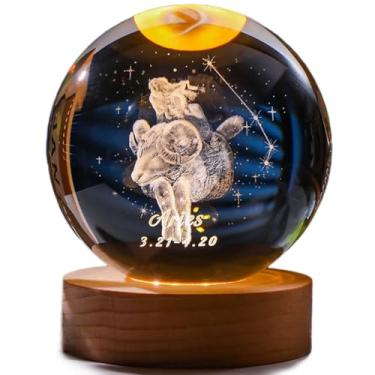 Imagem de Lumin?ria Bola Esfera Cristal De Mesa Planeta Terra Gal?xia Sistema Solar LED Base Madeira Enfeite Decorativo Casa (Signo ?ries)