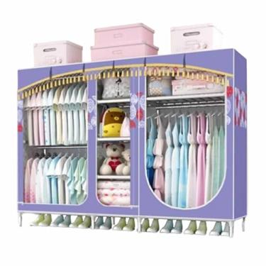 Imagem de Guarda-roupa Armário grande com zíper totalmente fechado, armação de tubo de aço, pano de cetim, guarda-roupa resistente, durável, simples para quarto armário