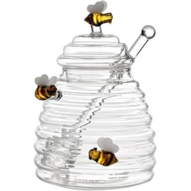 Imagem de Meleira de Vidro com Abelhinhas Decorativas, Tampa e Pegador de Acrílico, Garrafa Para Mel, 10 x 13,5 x 10 cm, Recipiente para Mel