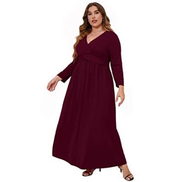 Imagem de KOJOOIN Vestido plus size Boho feminino plus size vestidos casuais com gola V vestido maxi com cinto rodado vestidos longos boho, Borgonha, XGG