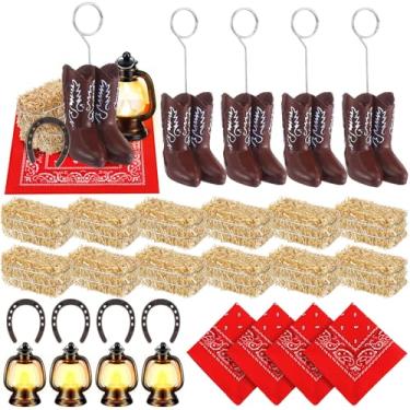 Imagem de Amyhill 28 peças centrais de cowboy ocidentais para mesa com botas de caubói número de mesa porta-balões porta-balões ferradura mini lanterna de fardos de feno para decoração de festa de aniversário