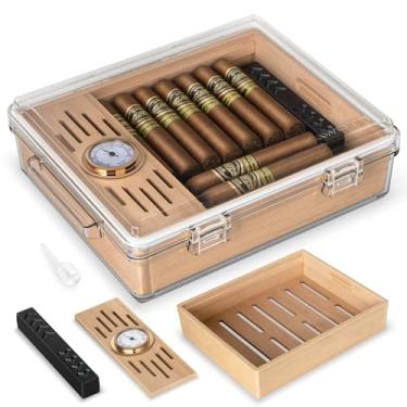 Imagem de AWOTE Umidor de charuto acrílico, caixa de charutos transparente com higrômetro, umidificador e bandeja de madeira de cedro, caixa de charutos de mesa pode conter cerca de 20 a 30 charutos