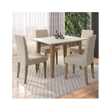 Imagem de Mesa de Jantar Retangular Poliman Kate com 4 Cadeiras Estofadas Revestidas em Suede – Carvalho/Off White