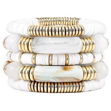 Imagem de Emibele Empilhador de pulseiras de tubo de bambu, conjunto de pulseiras empilháveis curvas volumosas, pulseiras elásticas de acrílico colorido, joias presentes para mulheres e meninas, branco e
