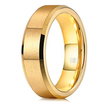 Imagem de THREE KEYS JEWELRY Anel de tungstênio preto prata azul 4 mm 6 mm 8 mm anéis de casamento de tungstênio masculino liso acabamento fosco borda chanfrada aliança de presente de noivado para homens e mulheres Amarelo