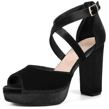Imagem de Perphy Sandálias femininas Peep Toe plataforma de veludo com tiras cruzadas e salto bloco, Preto, 37