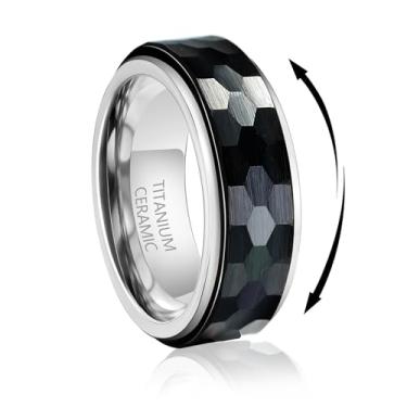 Imagem de Anéis de casamento de titânio Fidget de 8 mm de cerâmica preta martelada/facetada anéis giratórios para homens mulheres prata/ouro rosa, sem níquel, anel de noivado de promessa de ansiedade, ajuste confortável, tamanho 7-16, Cerâmica, Sem pedra preciosa