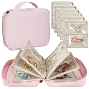 Imagem de LingLingo Estojo organizador de joias de viagem, pequenos sacos de joias para viagem, fichário de joias com 24 peças de bolsas de veludo com zíper transparente (rosa)