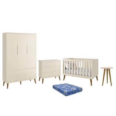 Imagem de Dormitório Infantil Theo Retrô 3 Portas, Cômoda, Berço, Mesa de Apoio com Pés Amadeirado e Colchão - Reller Móveis Areia Fosco
