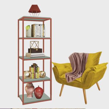 Imagem de Kit Poltrona Fatte com Manta Soft Salmão e Estante Livreiro Ferro Bronze mdf Verde Oliva Suede Amarelo - Ahz Móveis