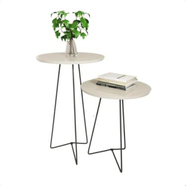 Imagem de Mesa Lateral Redonda Para Sala De Estar Com Pernas Pretas(Off-White)