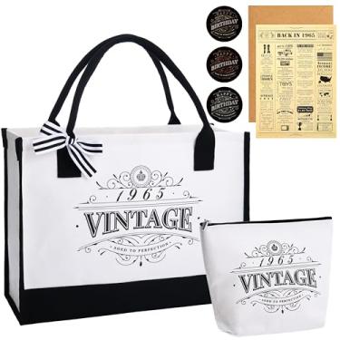Imagem de Crisky Presentes de aniversário de 60 anos para mulheres, sacola vintage de lona, bolsa de praia 1965, bolsa cosmética, cartão de presente com envelope e adesivos, Off-white