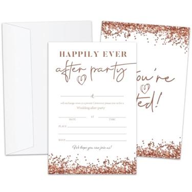 Imagem de Convites de festa de recepção, cartões de convite de casamento em ouro rosa, convite de festa Happily Ever After para chá de casamento, 25 convites de preenchimento dupla face com envelopes