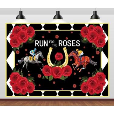 Imagem de BELECO 2,4 x 1,8 m Tecido Run for The Roses Pano de Fundo Kentucky Derby Horse Racing Decorações de Festa Pano de Fundo Corrida de Cavalos Decoração de Festa Banner Photo Booth Shoot Studio Adereços