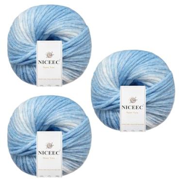 Imagem de NICEEC Fio de mistura de lã arco-íris de 3 novelos, macio, fofo, gradiente, autolistrado, fácil de usar para crochê e tricô, total 12 cm × 3 - céu azul