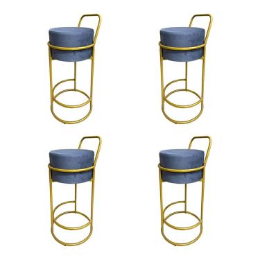 Imagem de Kit 4 Banquetas Alta Redonda Base Dourada Veludo - Cinza