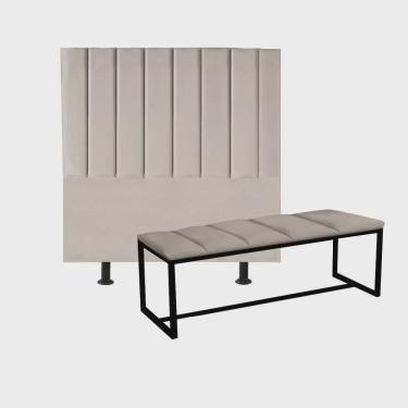 Imagem de Kit Cabeceira Carla e Recamier Industrial 160cm Queen Size Box Ferro Preto Sintético Bege - Ahz Móveis