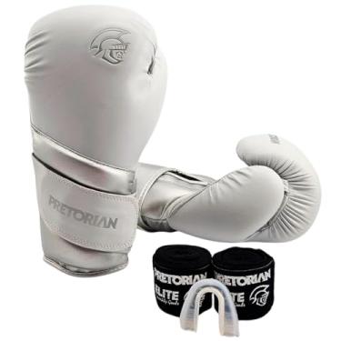 Imagem de Kit Muay Thai Boxe Luva Pretorian Elite + Bandagem + Bucal - Branco/Prata - 12oz