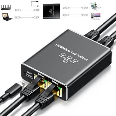 Imagem de Divisor Ethernet 1 a 3 1000Mbps Internet Splitter Adaptador divisor de rede RJ45 suporta rede simultânea Gigabit de alta velocidade de 3 dispositivos, funciona com cabos Cat 6/5e/7/8